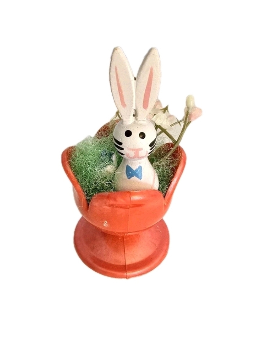 Vintage Western Germany Small Plastic Flower Shaped Vase with Wood Bunny Rabbit